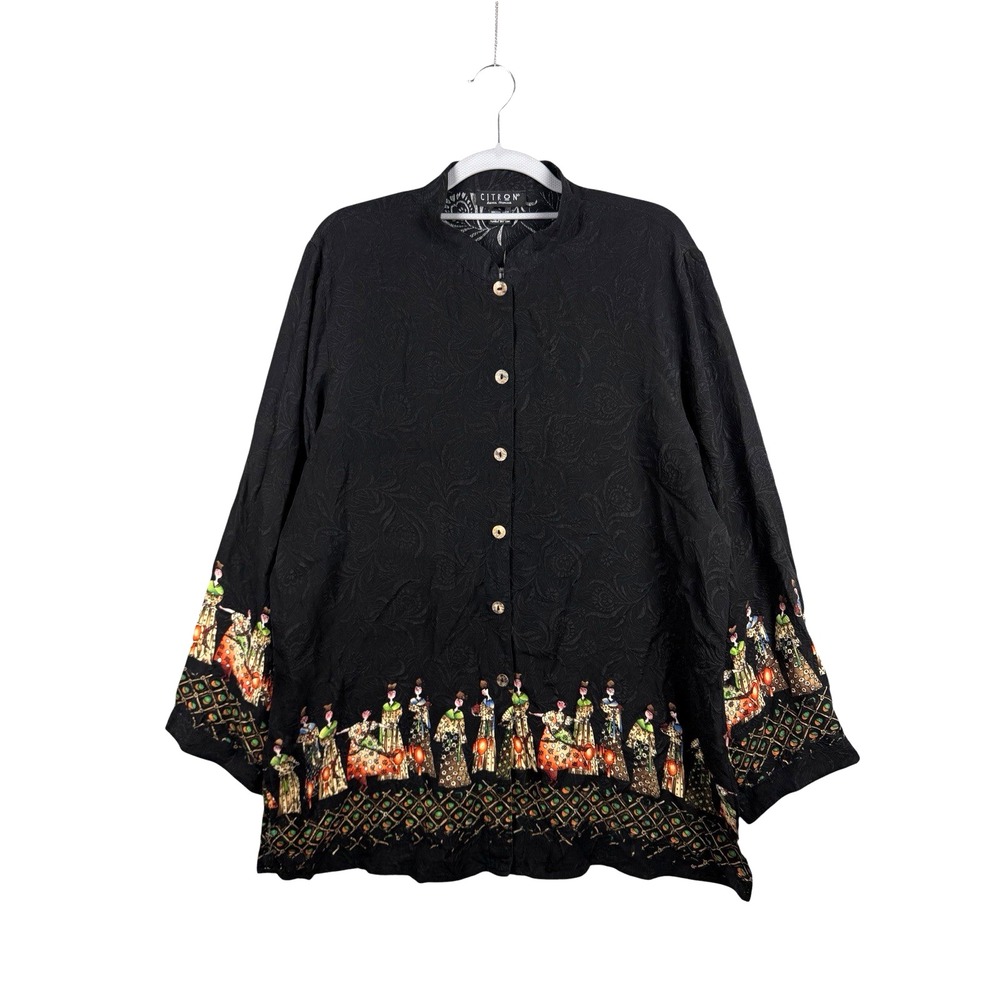Vintage Citron Santa Monica 100% Silk Black Blouse Art Wear Boho Button Up Shirt